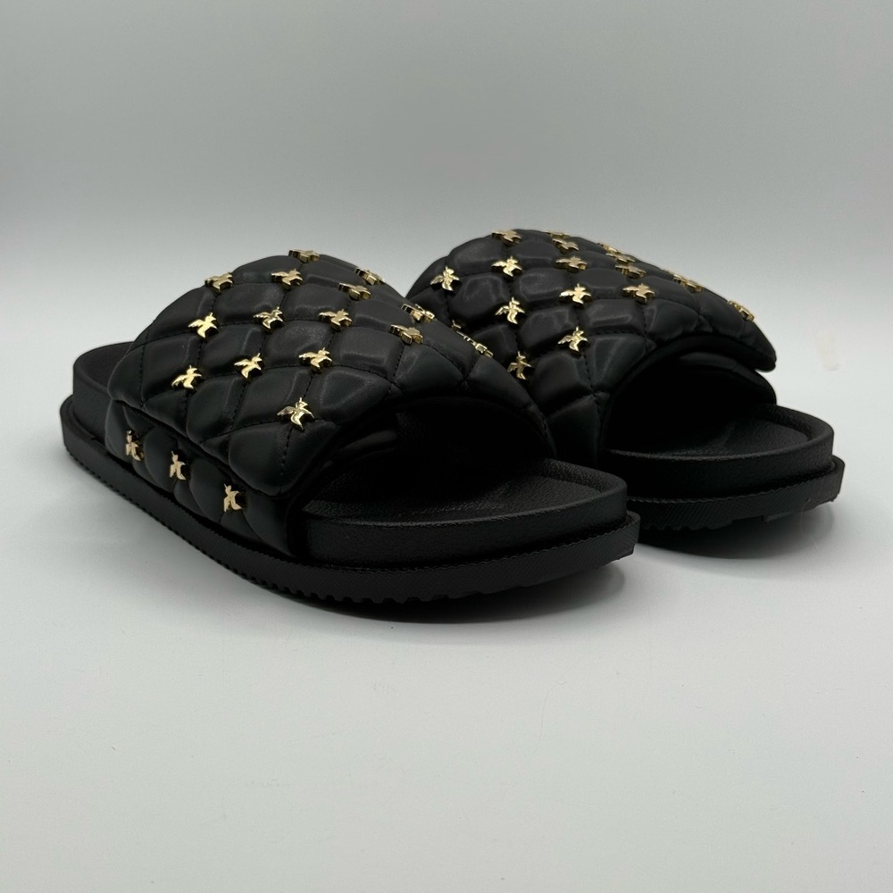 She Is Cheval Black Quilted Slide Sandals W/Gold Accents Comfort Designer Style - Picture 16 of 17